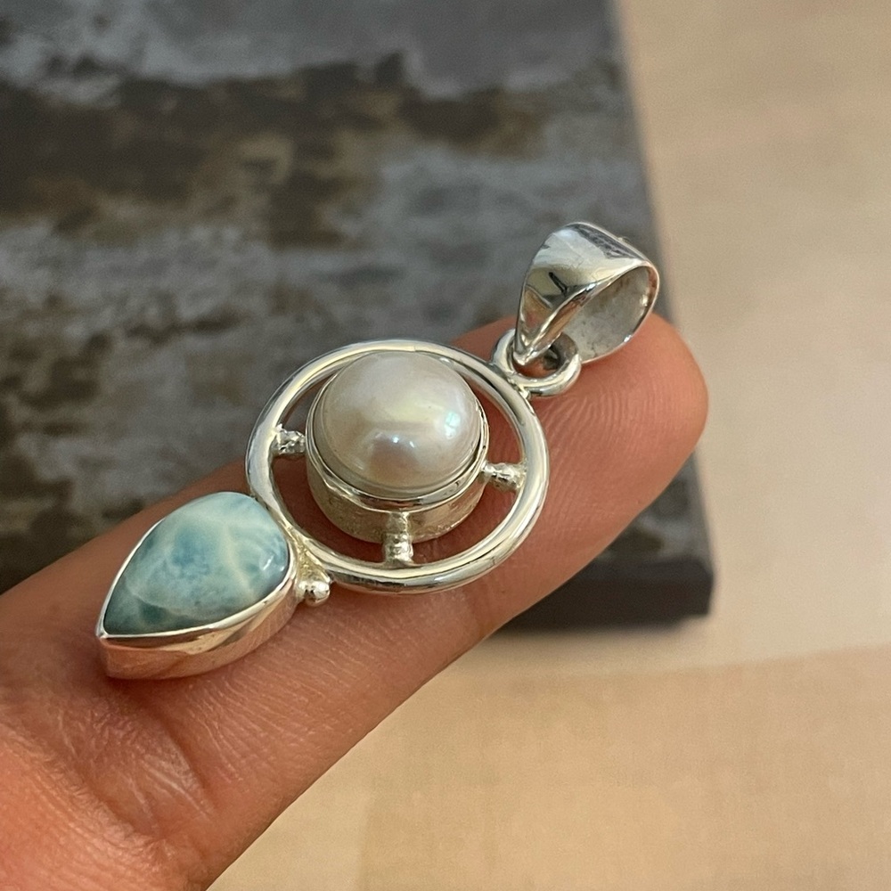 925 sterling silver natural Larimar with fresh water Pearl  pendant “B O H O” - Picture 7 of 9